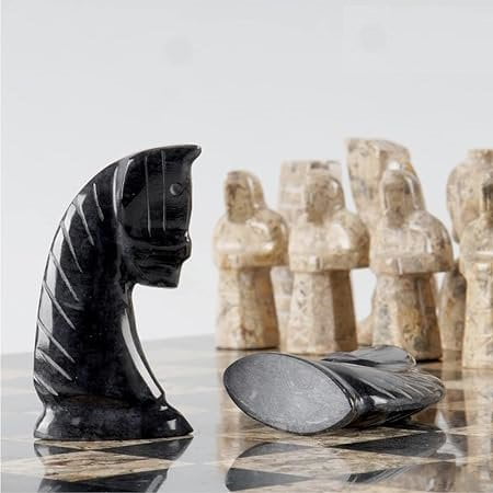 16" Marble Chess Set Egyptian Design in Coral & Black - Chess Set - Chess-House