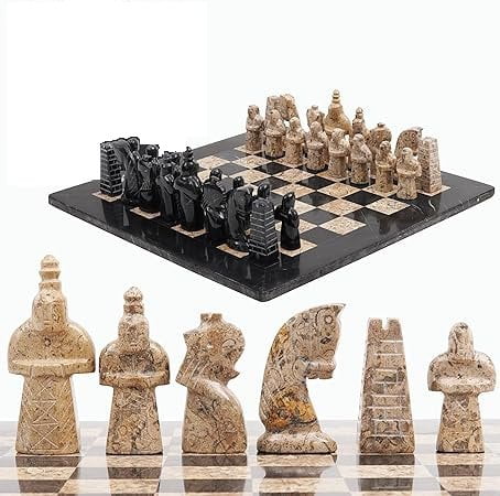 16" Marble Chess Set Egyptian Design in Coral & Black - Chess Set - Chess-House