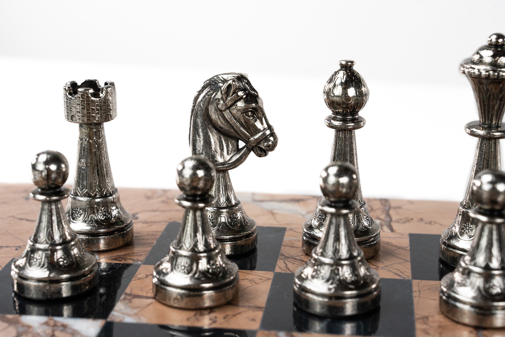 16" Marina and Black Chess Board with Metal Florentine Pieces - Chess Set - Chess-House