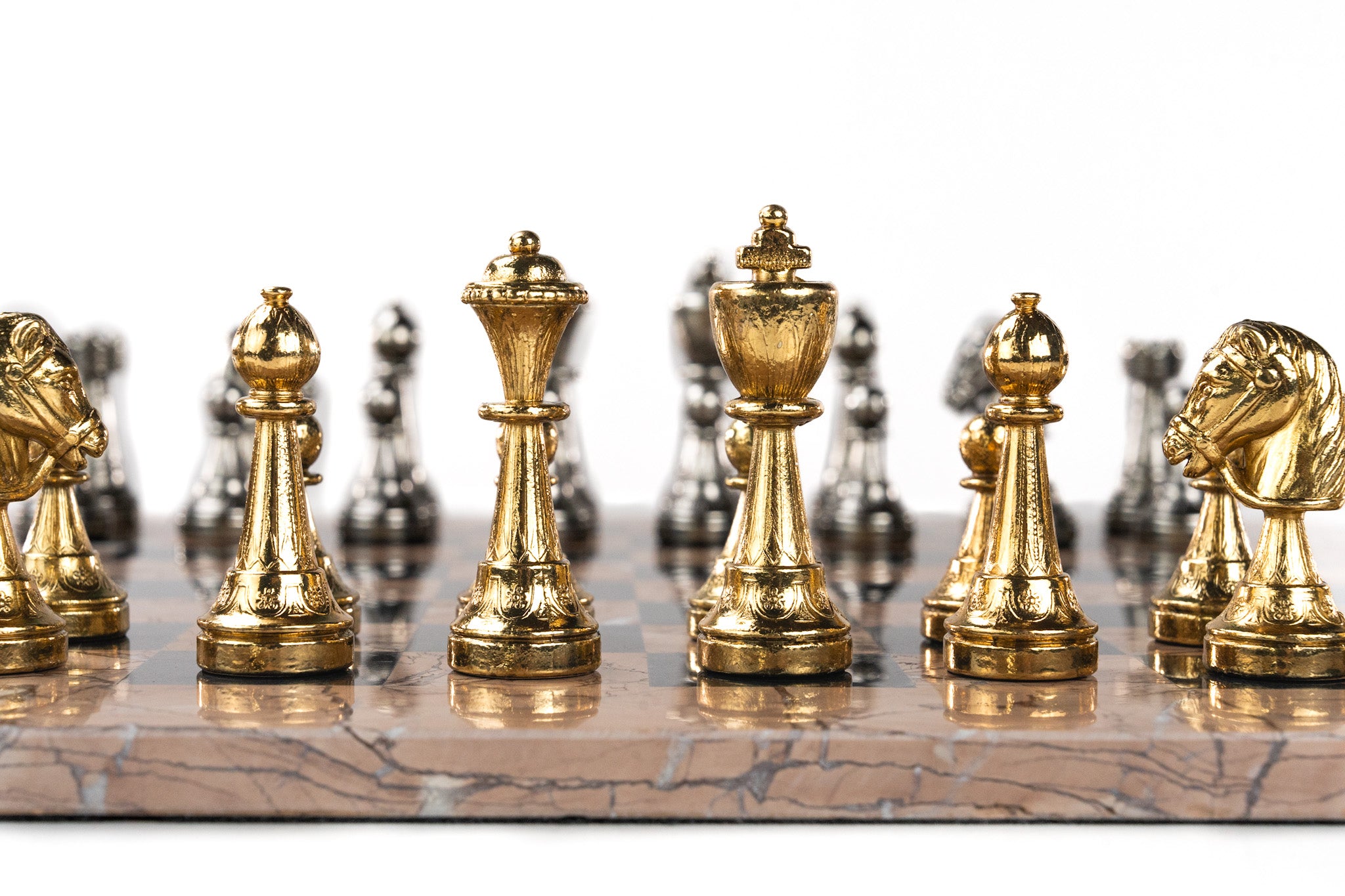 16" Marina and Black Chess Board with Metal Florentine Pieces - Chess Set - Chess-House