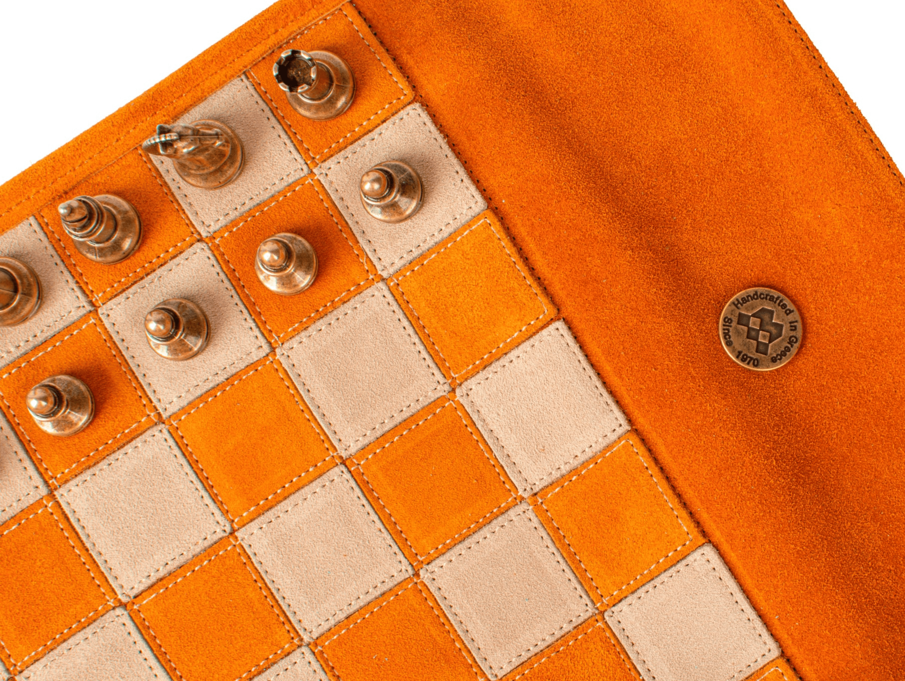 Handcrafted Suede Leather Roll-Up Chess Set with Metal Chessmen - 18″ x 12″ (Made in Greece) - Chess Set - Chess-House
