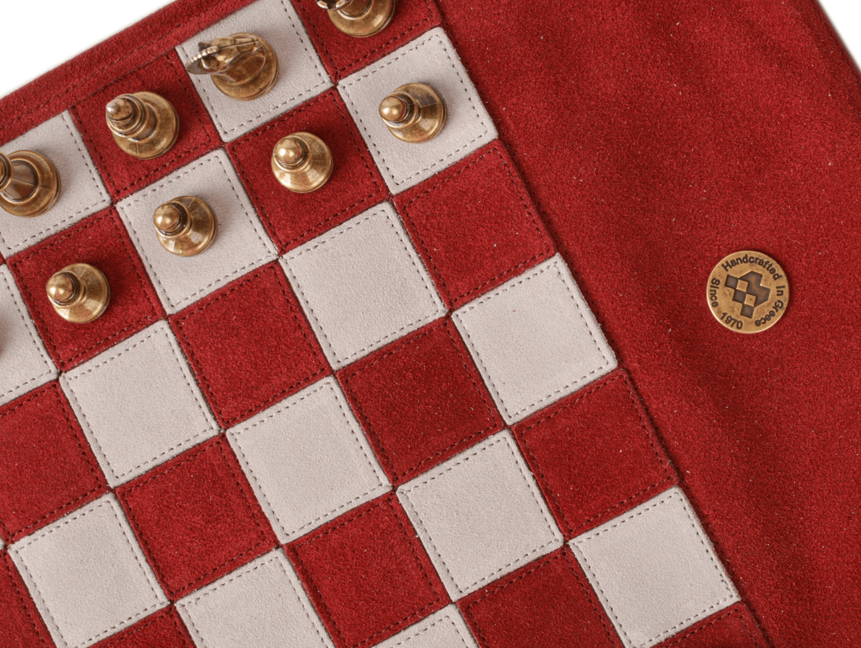Handcrafted Suede Leather Roll-Up Chess Set with Metal Chessmen - 18″ x 12″ (Made in Greece) - Chess Set - Chess-House