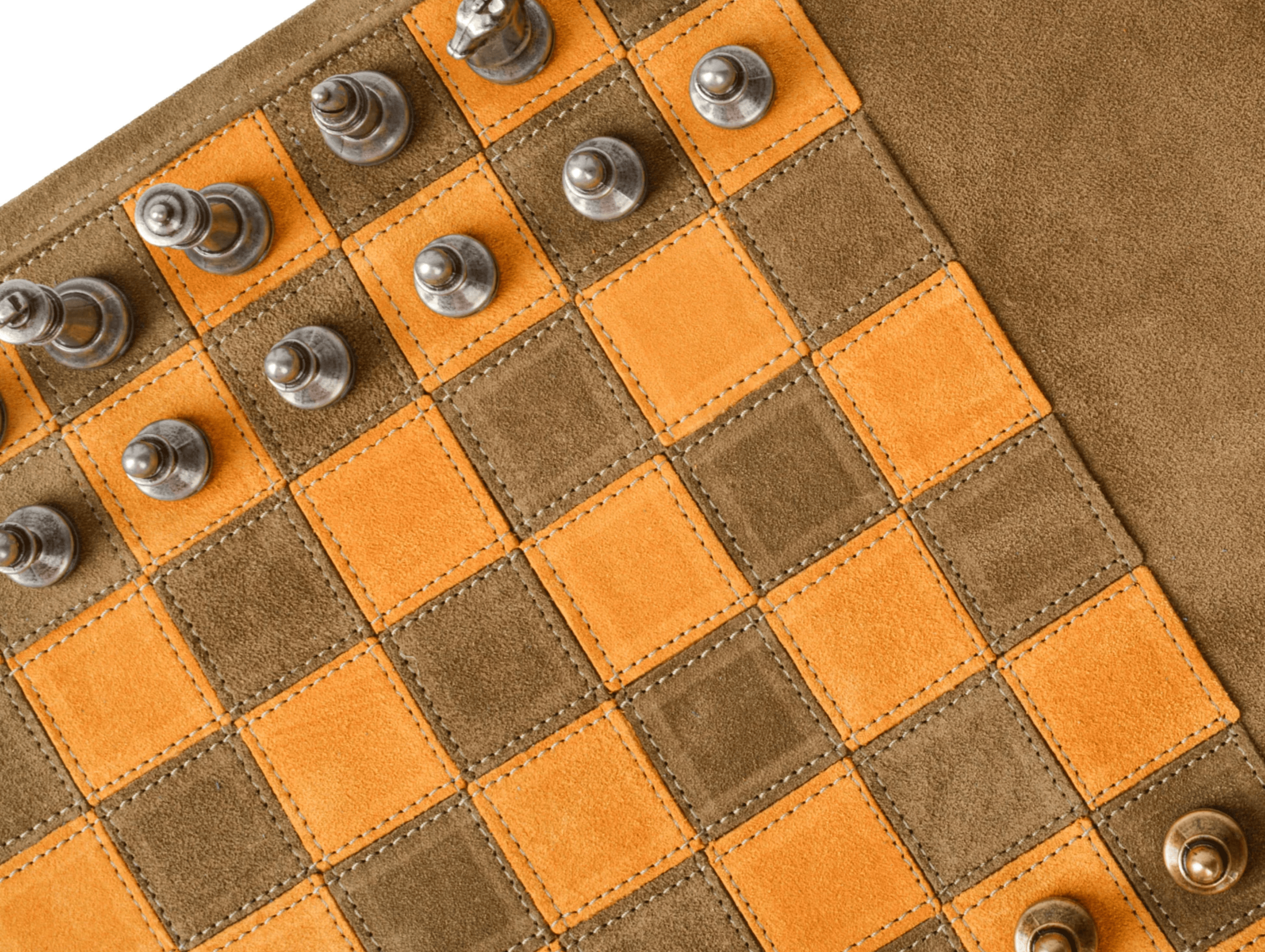 Handcrafted Suede Leather Roll-Up Chess Set with Metal Chessmen - 18″ x 12″ (Made in Greece) - Chess Set - Chess-House