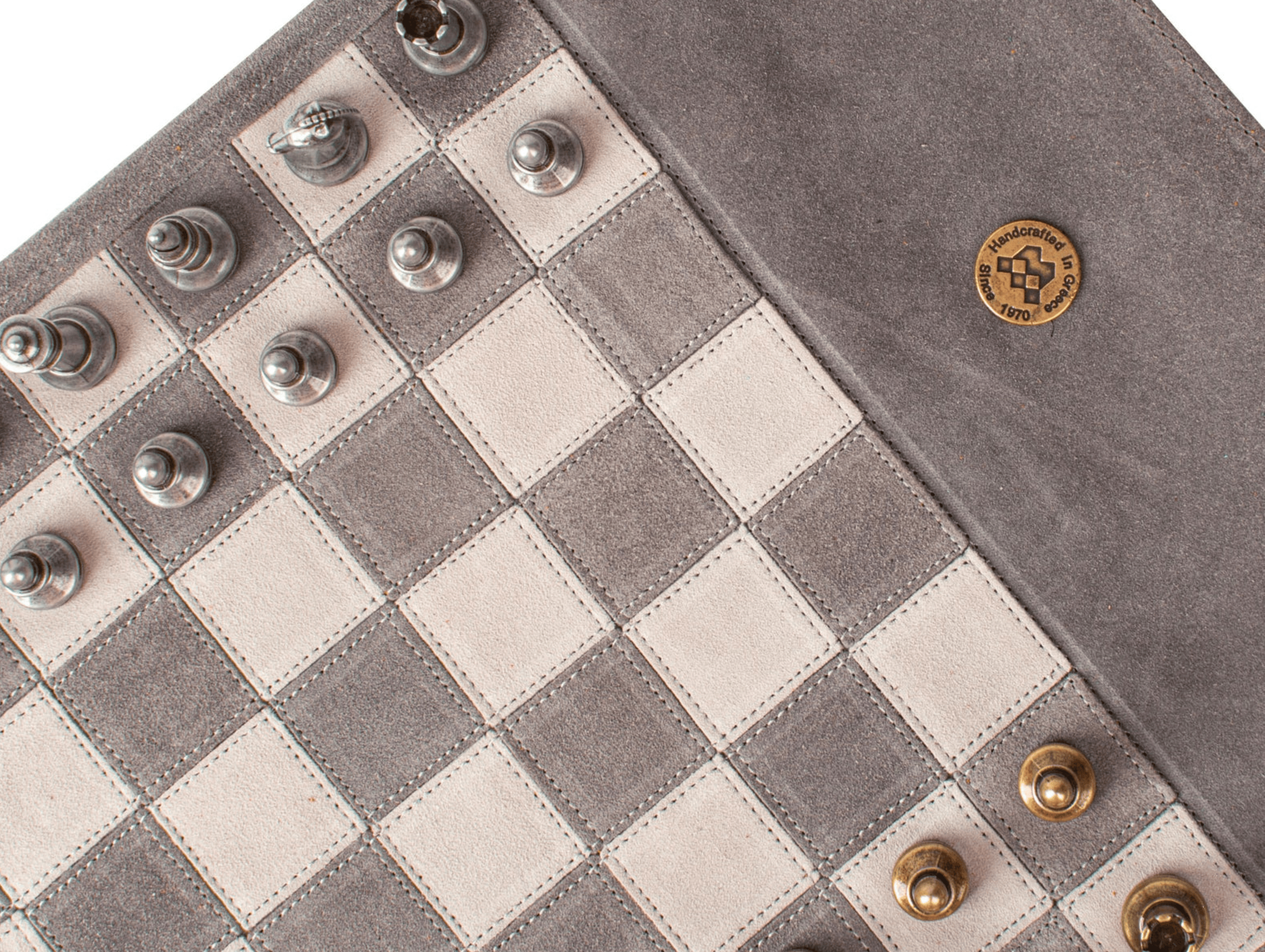 Handcrafted Suede Leather Roll-Up Chess Set with Metal Chessmen - 18″ x 12″ (Made in Greece) - Chess Set - Chess-House
