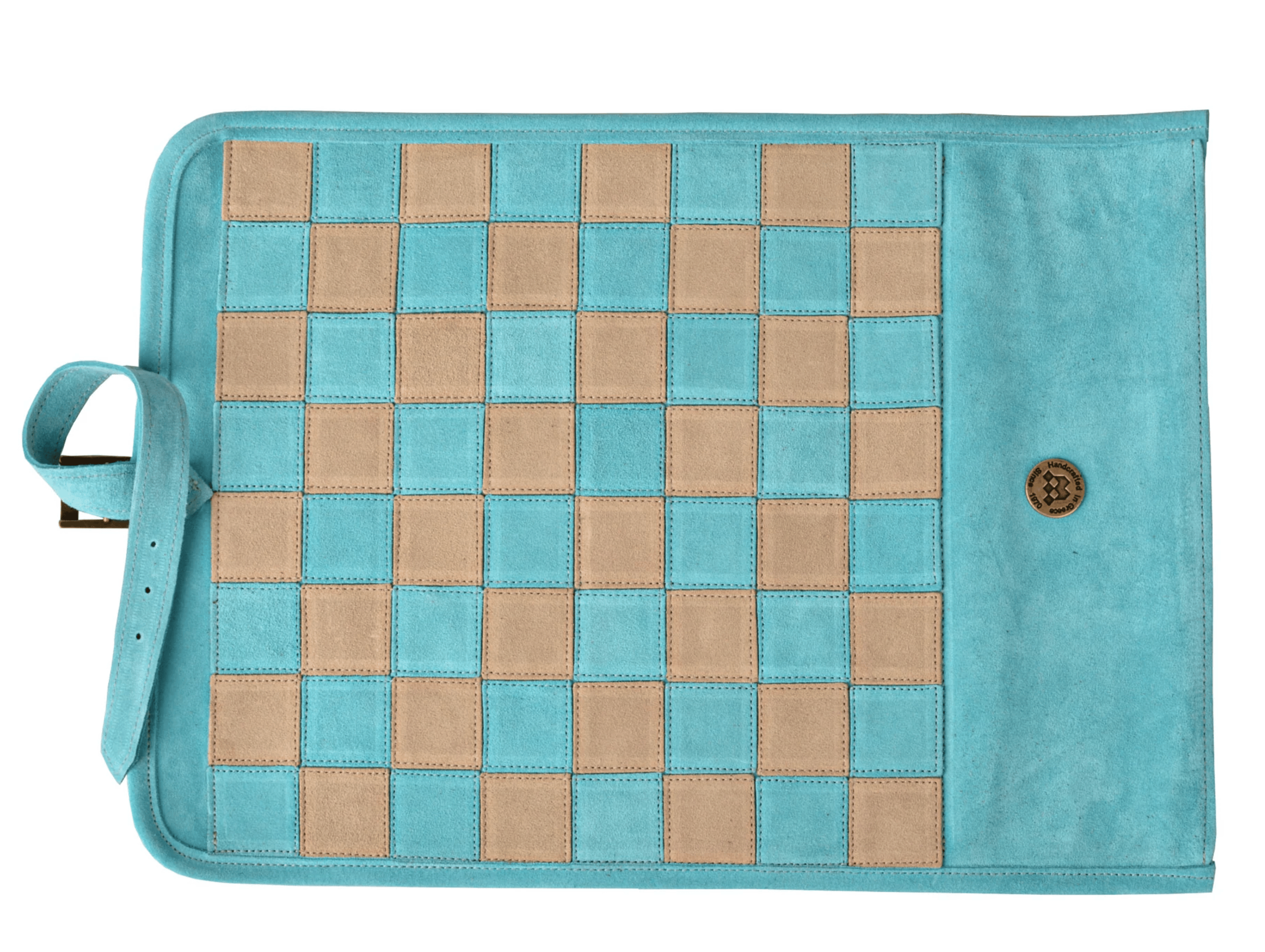 Handcrafted Suede Leather Roll-Up Chess Set with Metal Chessmen - 18″ x 12″ (Made in Greece) - Chess Set - Chess-House