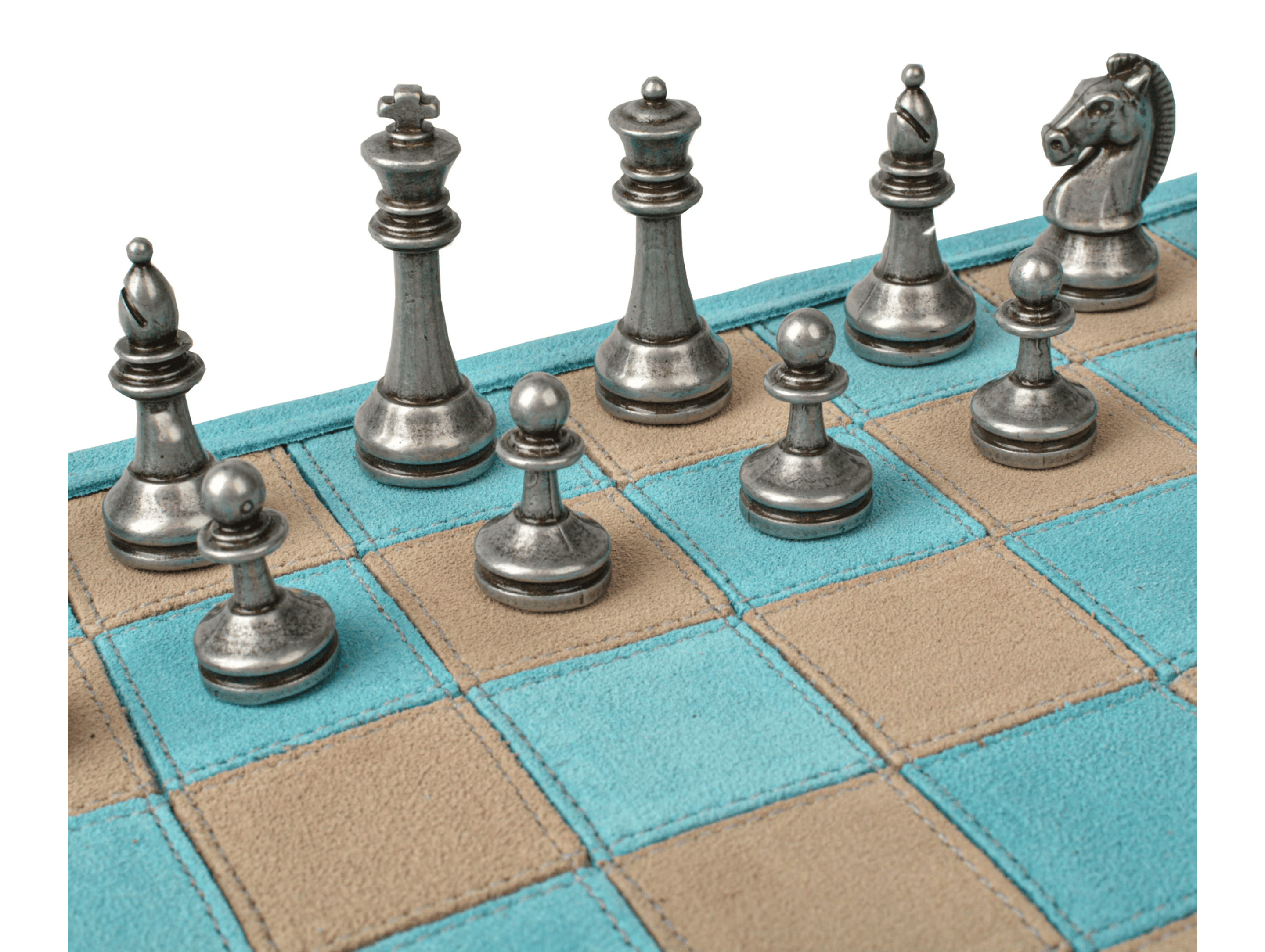Handcrafted Suede Leather Roll-Up Chess Set with Metal Chessmen - 18″ x 12″ (Made in Greece) - Chess Set - Chess-House
