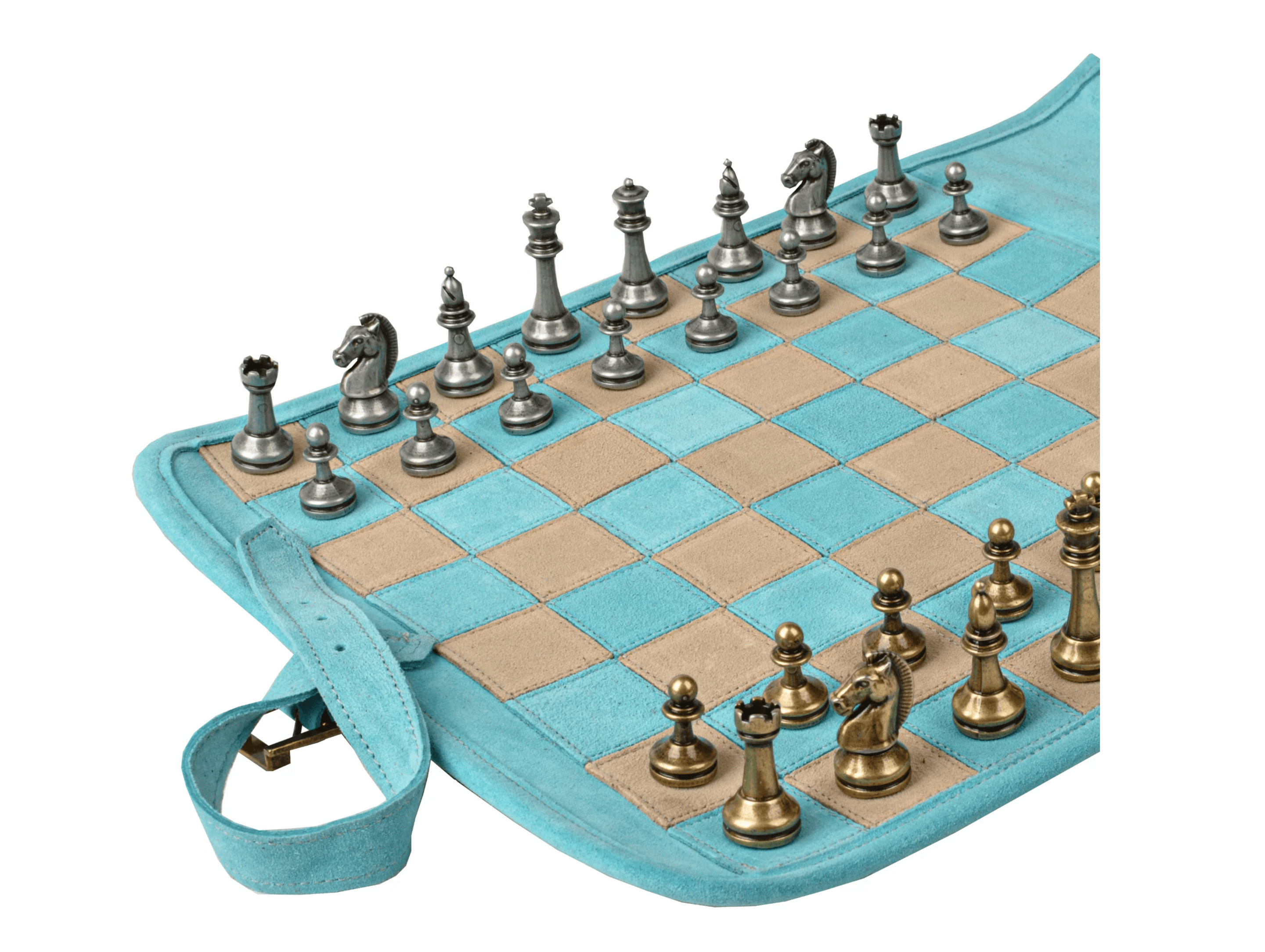 Handcrafted Suede Leather Roll-Up Chess Set with Metal Chessmen - 18″ x 12″ (Made in Greece) - Chess Set - Chess-House