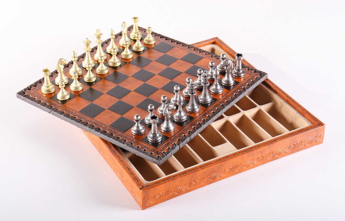11" Florentine Chess Set on Leatherette Cabinet Board - Chess Set - Chess-House