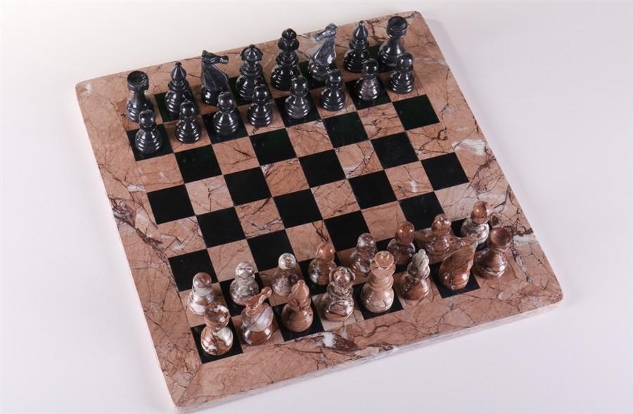16" Marble Chess Set Euro Design in Marina & Black - Chess Set - Chess-House