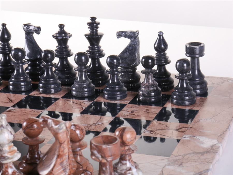 16" Marble Chess Set Euro Design in Marina & Black - Chess Set - Chess-House