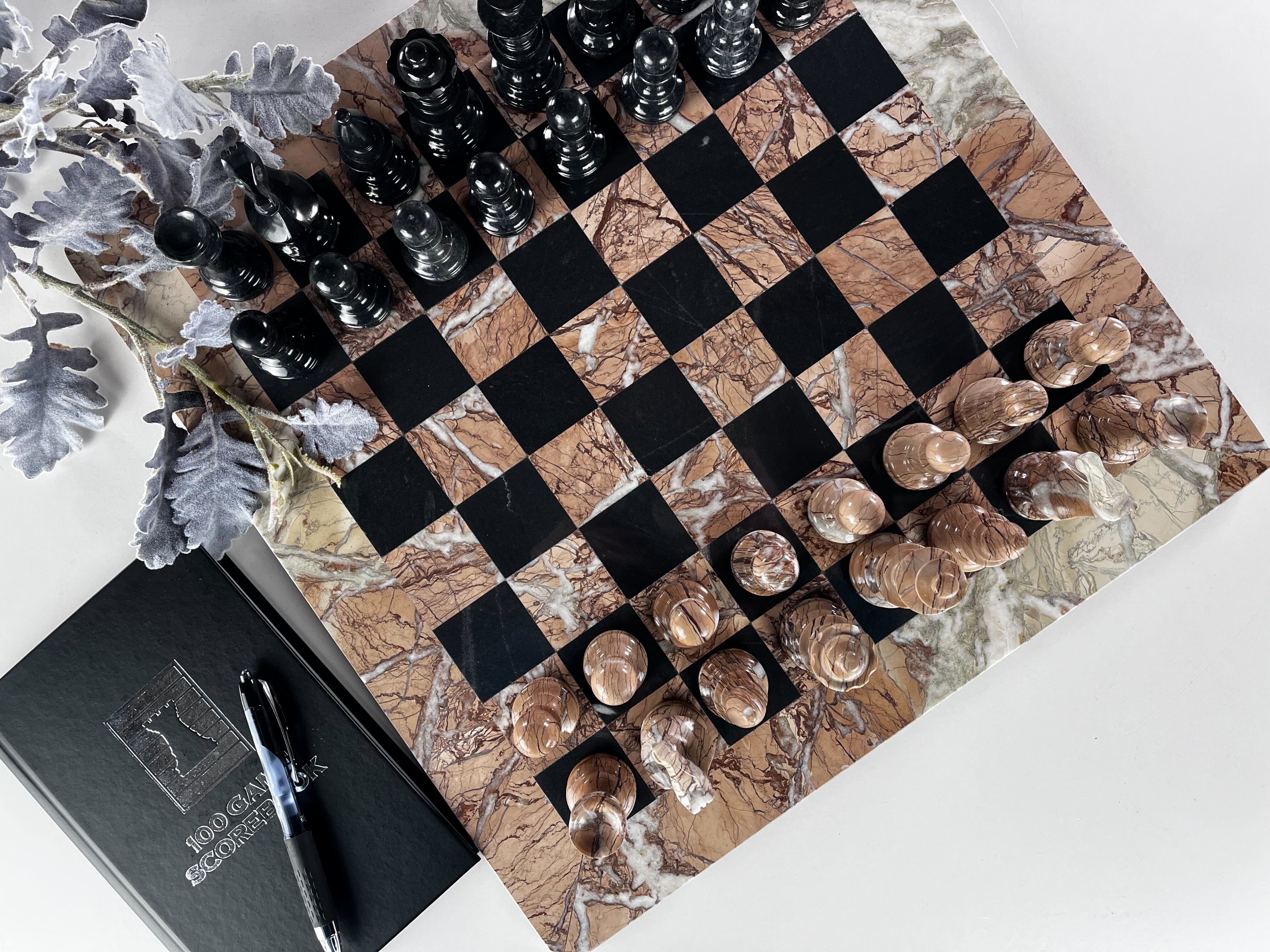 16" Marble Chess Set Euro Design in Marina & Black - Chess Set - Chess-House