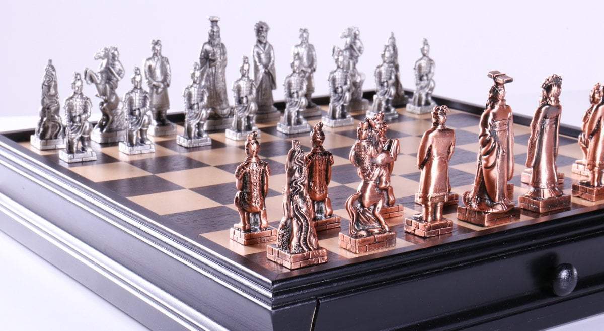 Chinese Qin Chess and Checker Set with Pewter Chessmen and Storage - Chess Set - Chess-House
