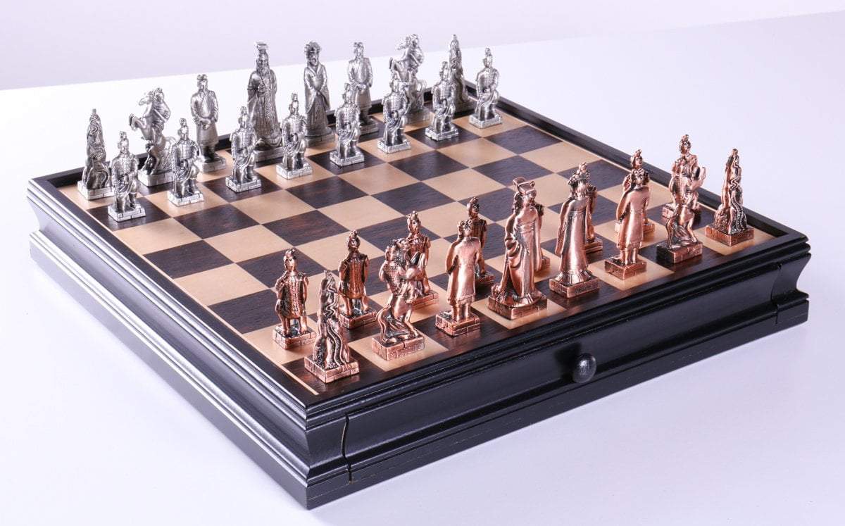 Chinese Qin Chess and Checker Set with Pewter Chessmen and Storage - Chess Set - Chess-House