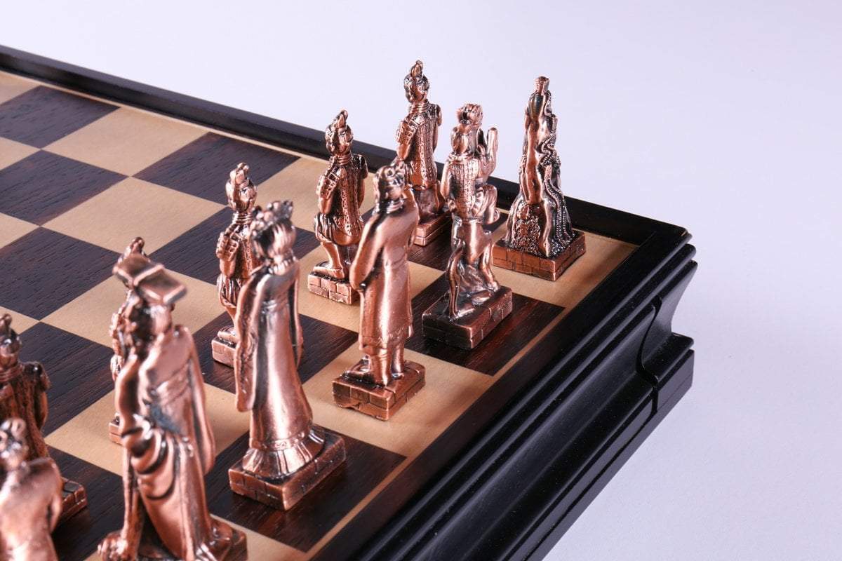 Chinese Qin Chess and Checker Set with Pewter Chessmen and Storage - Chess Set - Chess-House