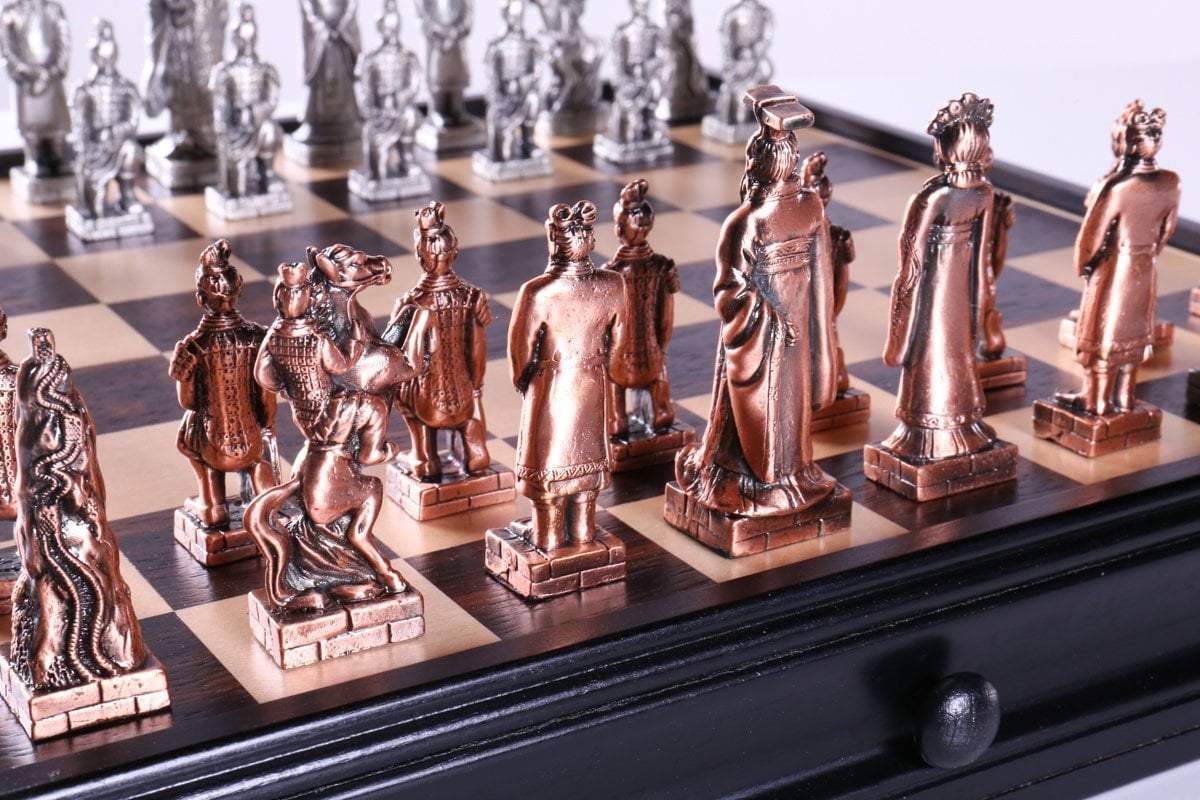 Chinese Qin Chess and Checker Set with Pewter Chessmen and Storage - Chess Set - Chess-House