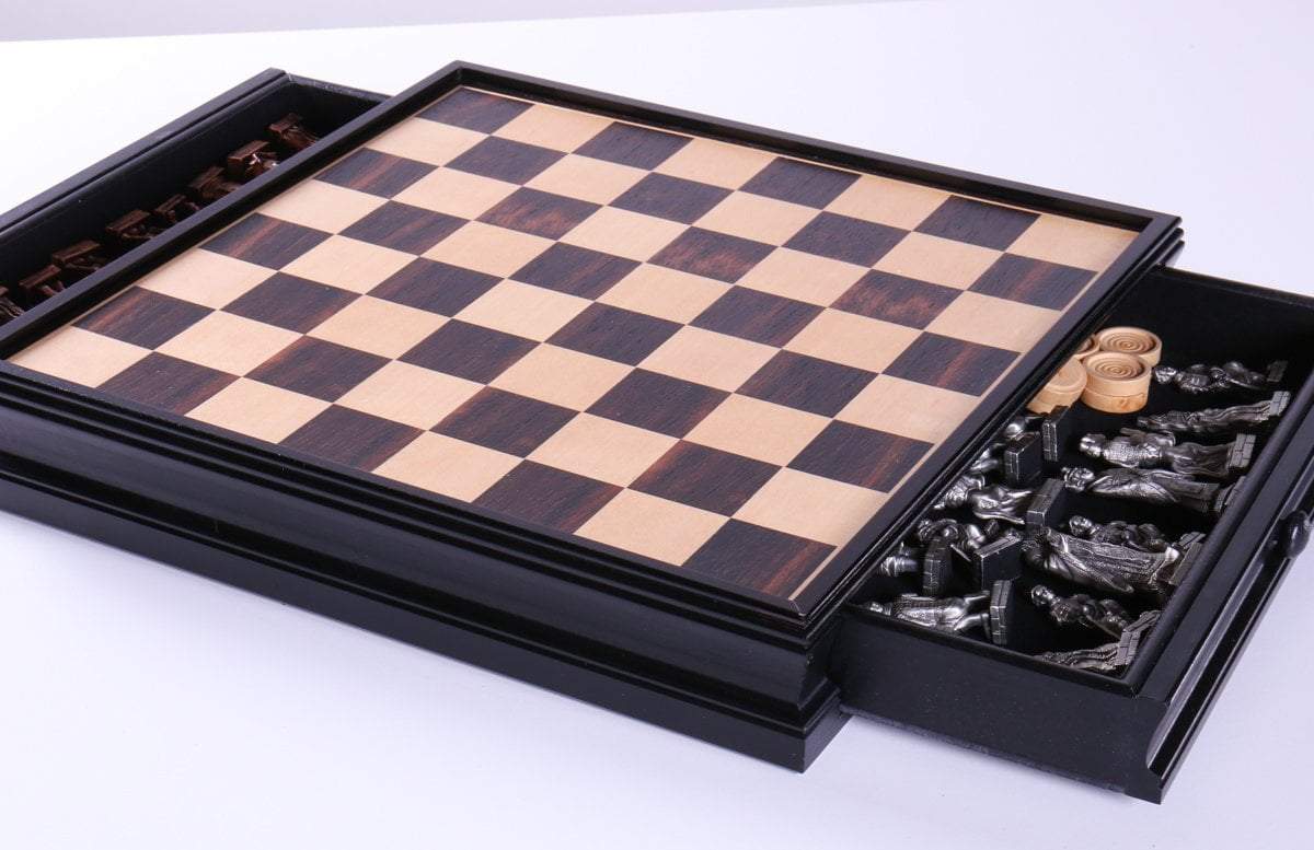 Chinese Qin Chess and Checker Set with Pewter Chessmen and Storage - Chess Set - Chess-House