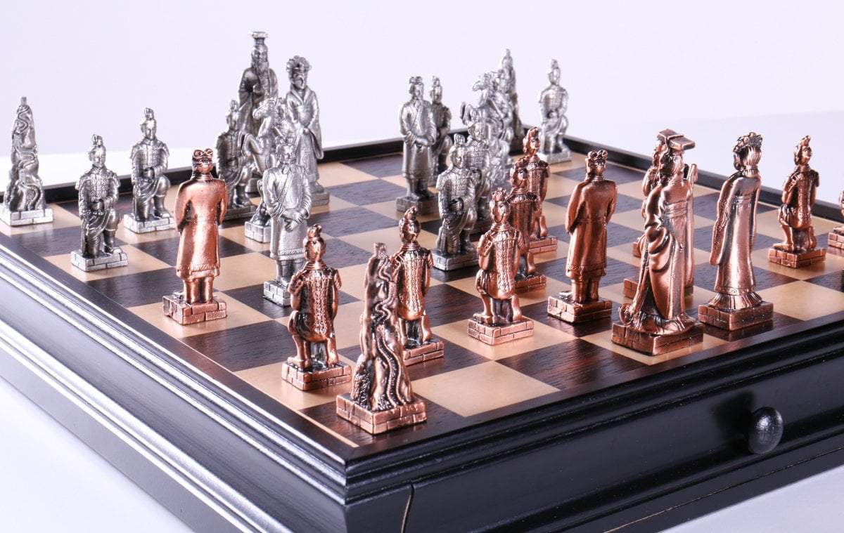 Chinese Qin Chess and Checker Set with Pewter Chessmen and Storage - Chess Set - Chess-House