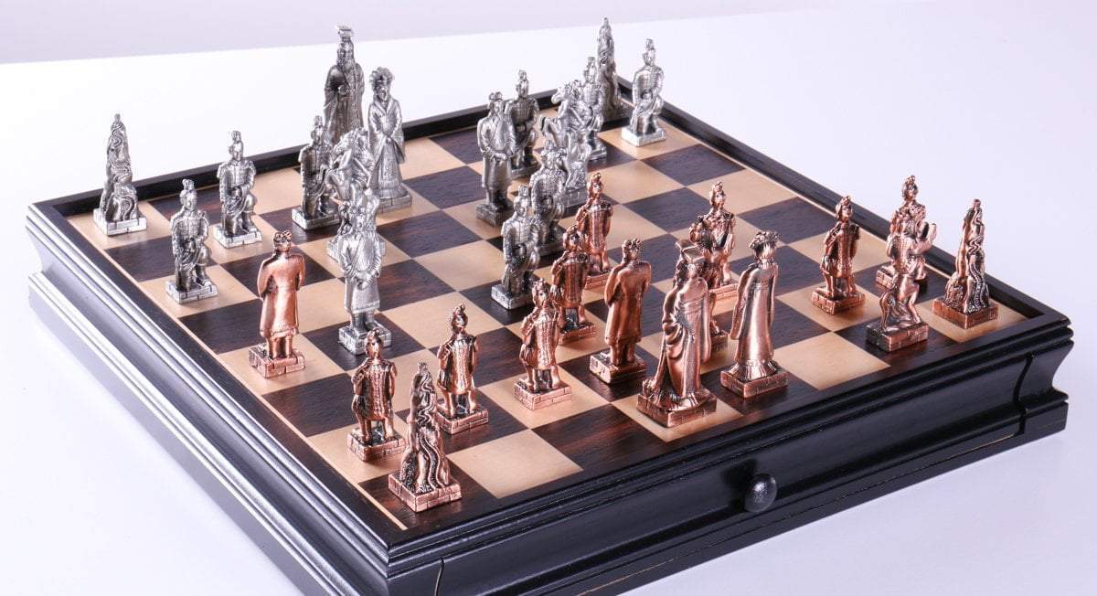 Chinese Qin Chess and Checker Set with Pewter Chessmen and Storage - Chess Set - Chess-House