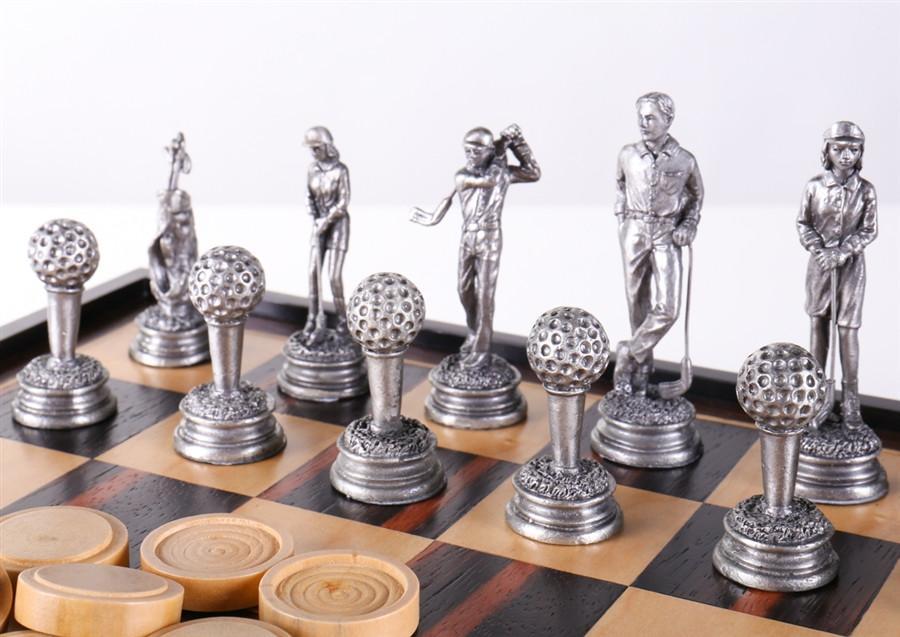 Golf Chess and Checker Set with Pewter Chessmen and Storage - Chess Set - Chess-House