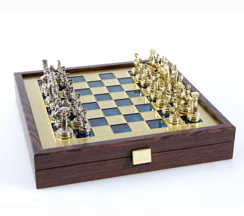 Greek Roman Period Chess Set with Blue Storage Board - 10.5"