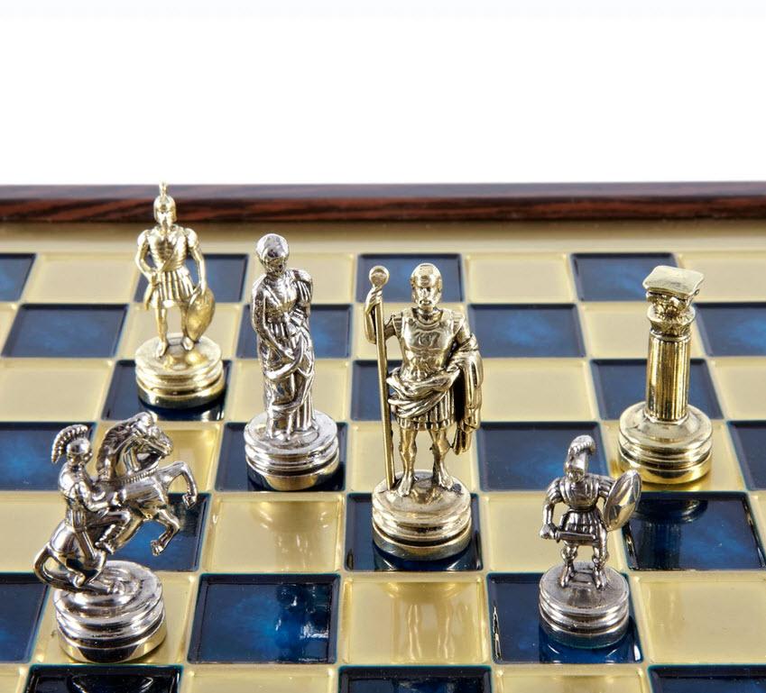 Greek Roman Period Chess Set with Blue Storage Board - 10.5"