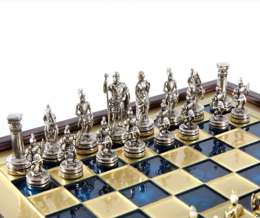 Greek Roman Period Chess Set with Blue Storage Board - 10.5"