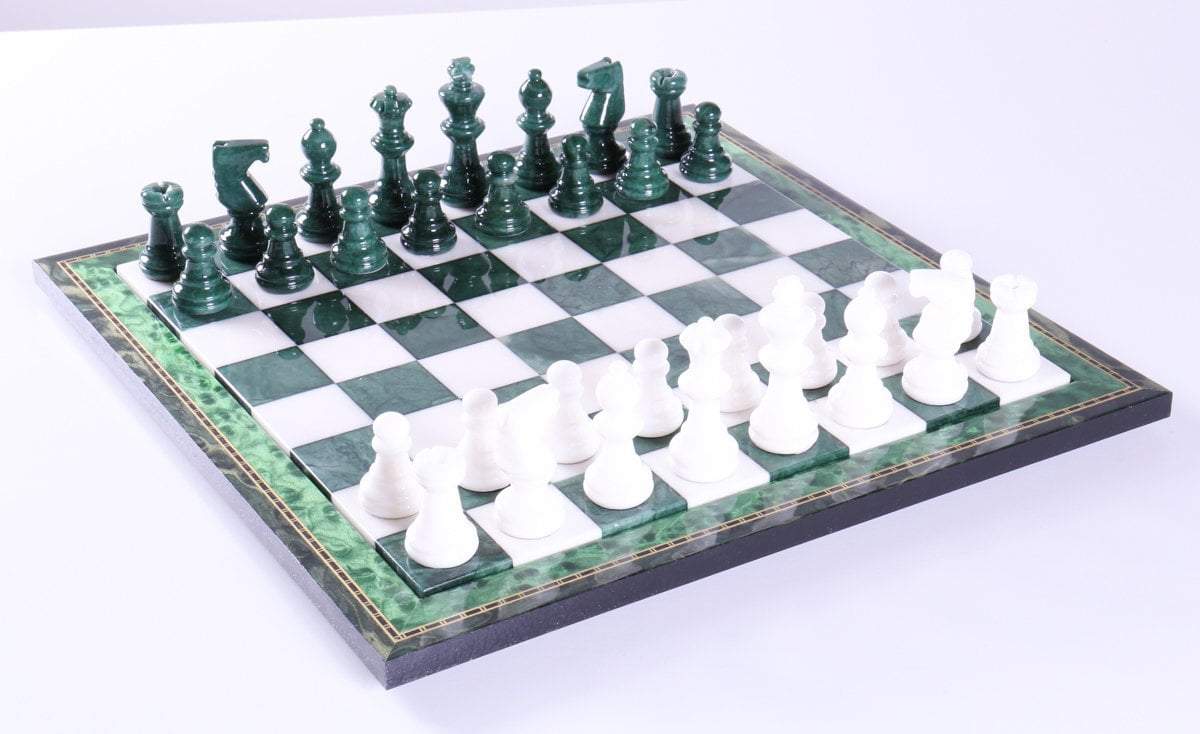 Green & White Alabaster Chess Set with Wood Frame - Chess Set - Chess-House