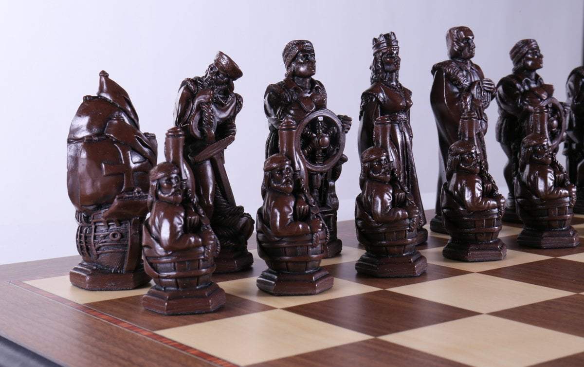 Marble and Resin Christopher Columbus Pieces on Walnut and Maple Board - Chess Set - Chess-House