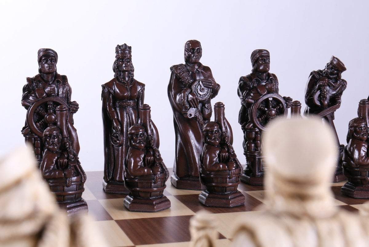 Marble and Resin Christopher Columbus Pieces on Walnut and Maple Board - Chess Set - Chess-House