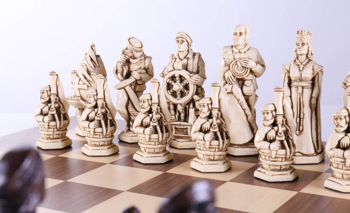 Marble and Resin Christopher Columbus Pieces on Walnut and Maple Board - Chess Set - Chess-House
