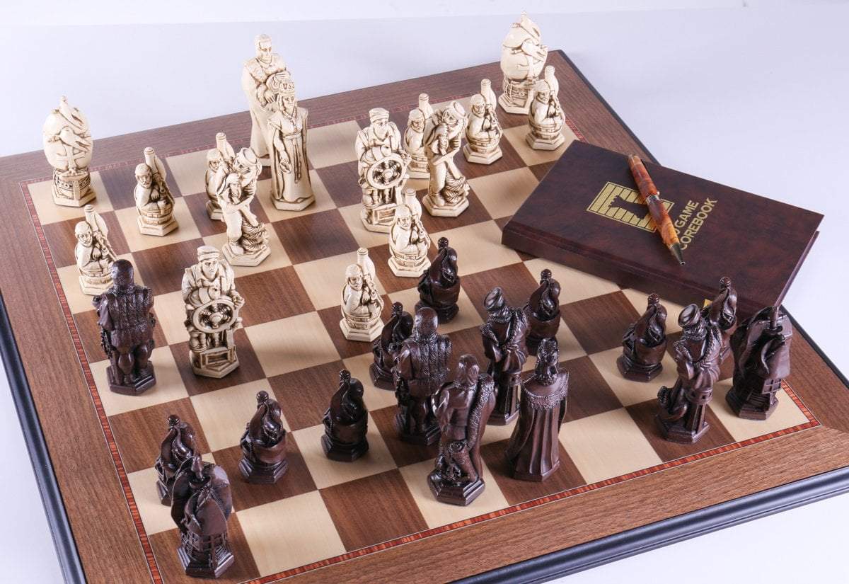 Marble and Resin Christopher Columbus Pieces on Walnut and Maple Board - Chess Set - Chess-House