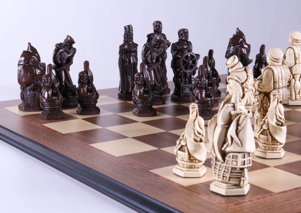 Marble and Resin Christopher Columbus Pieces on Walnut and Maple Board - Chess Set - Chess-House