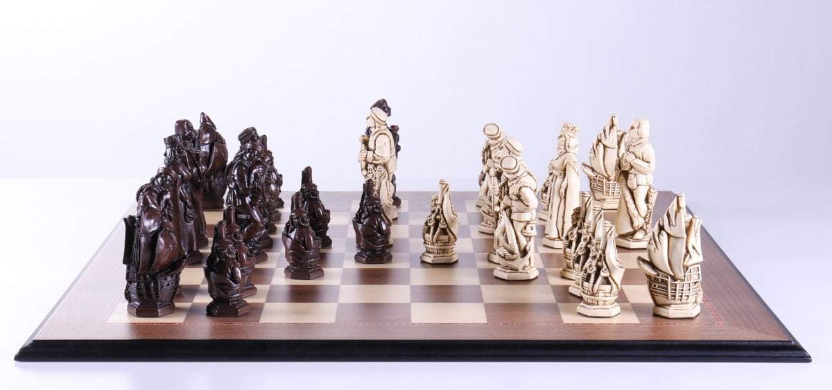Marble and Resin Christopher Columbus Pieces on Walnut and Maple Board - Chess Set - Chess-House