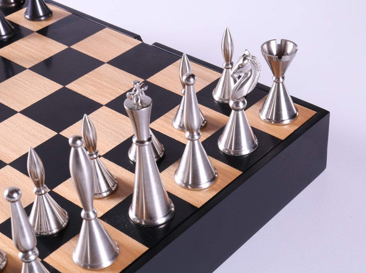 Metal Art Deco Chessmen on Storage Chest - Chess Set - Chess-House