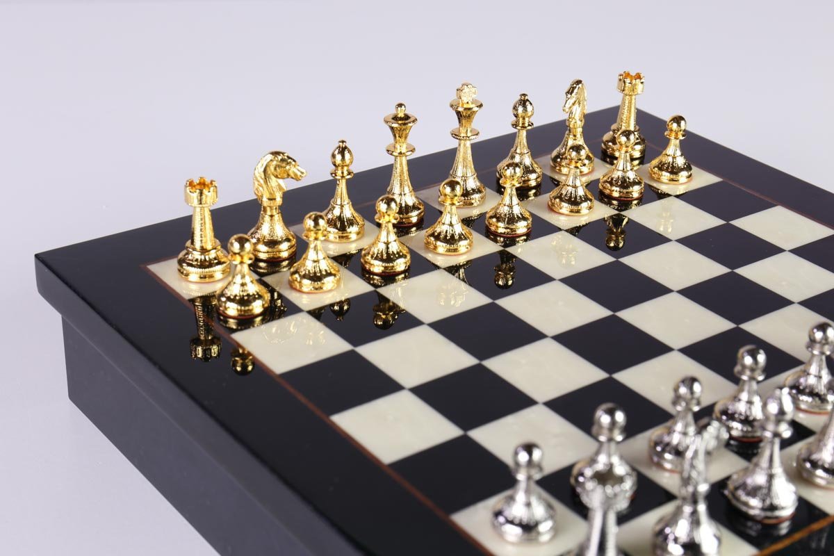 Metal Chess Set with Black Briar Wood Storage Board - Chess Set - Chess-House