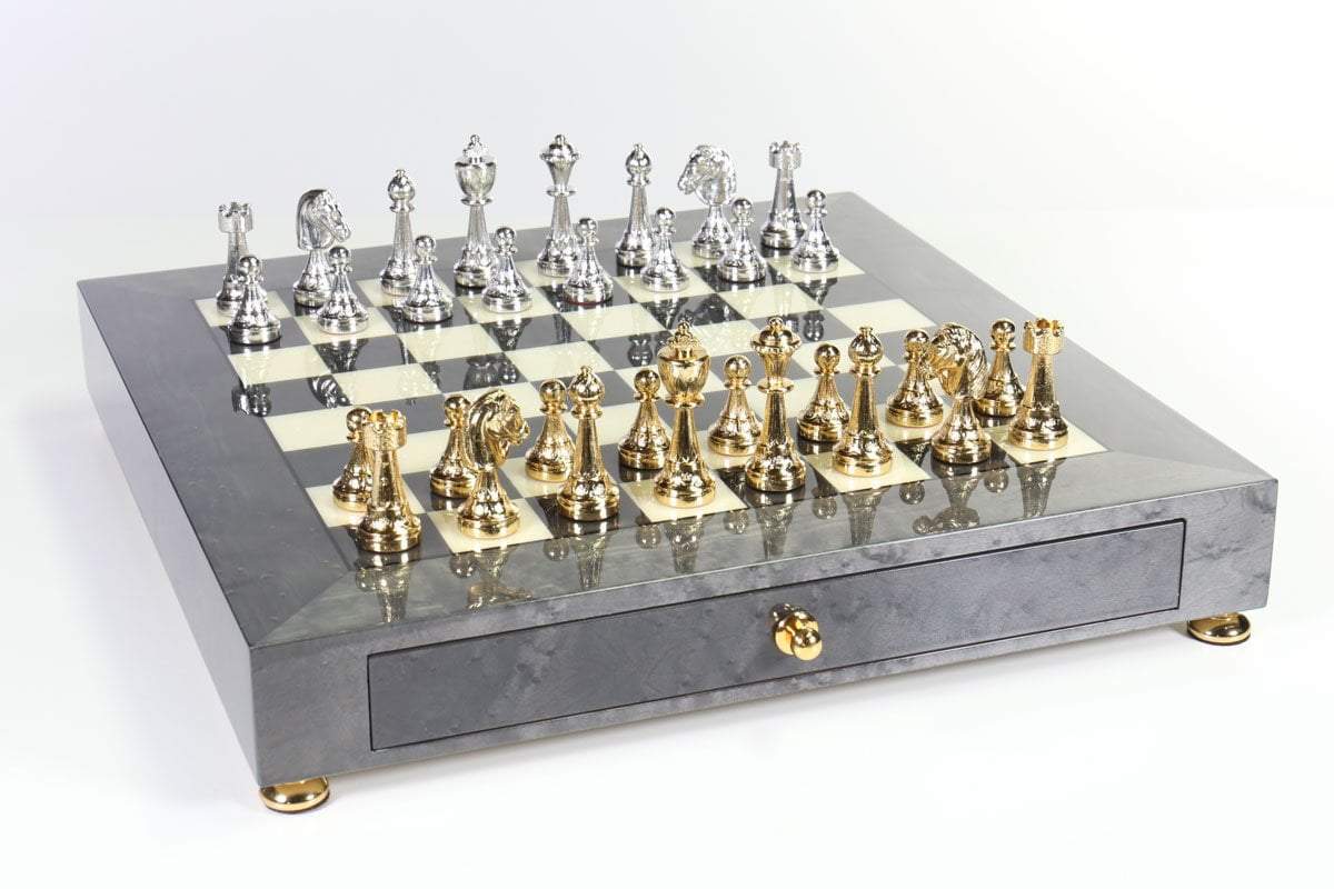 Metal Chess Set with Grey Briar Wood Storage Board - Chess Set - Chess-House