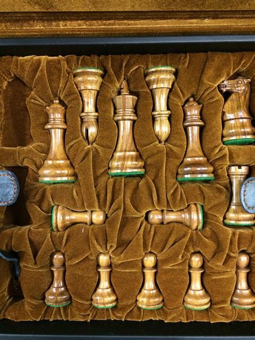 Stitched Leather Chess Box Velvet Tray Style - up to 4" Pieces - Box - Chess-House