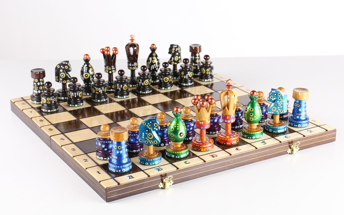 Sydney Gruber Painted 20" Large King's Inlaid Chess Set #7 in Multi-color and Black