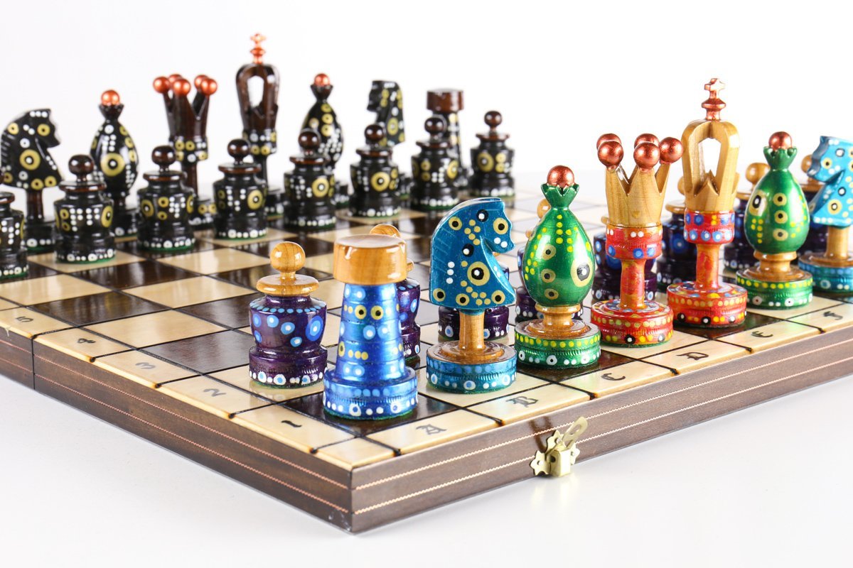 Sydney Gruber Painted 20" Large King's Inlaid Chess Set #7 in Multi-color and Black