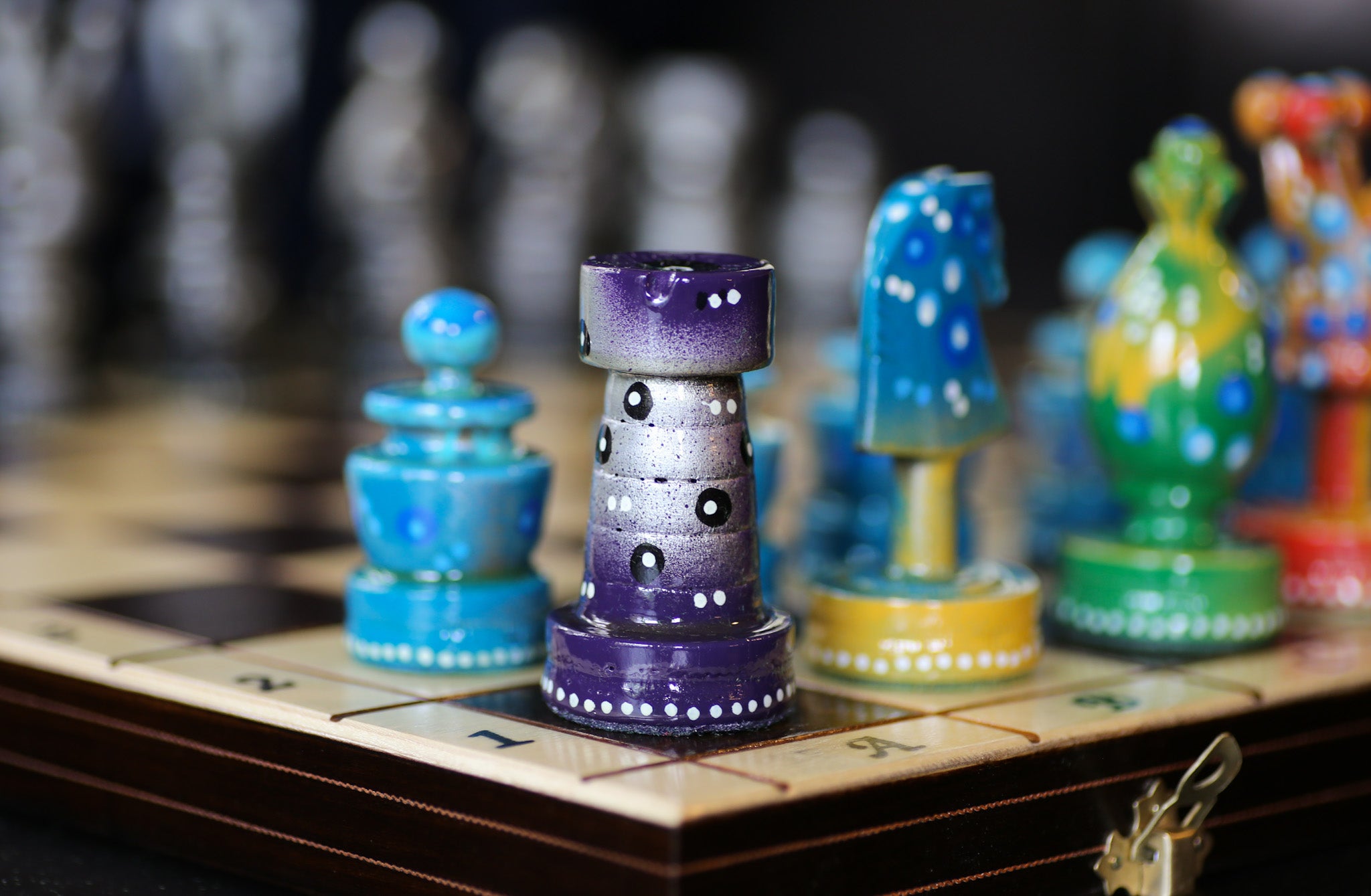 The Decorated Strategist - Sydney Gruber Painted 20" Large King's Inlaid Chess Set #8 - Chess Set - Chess-House