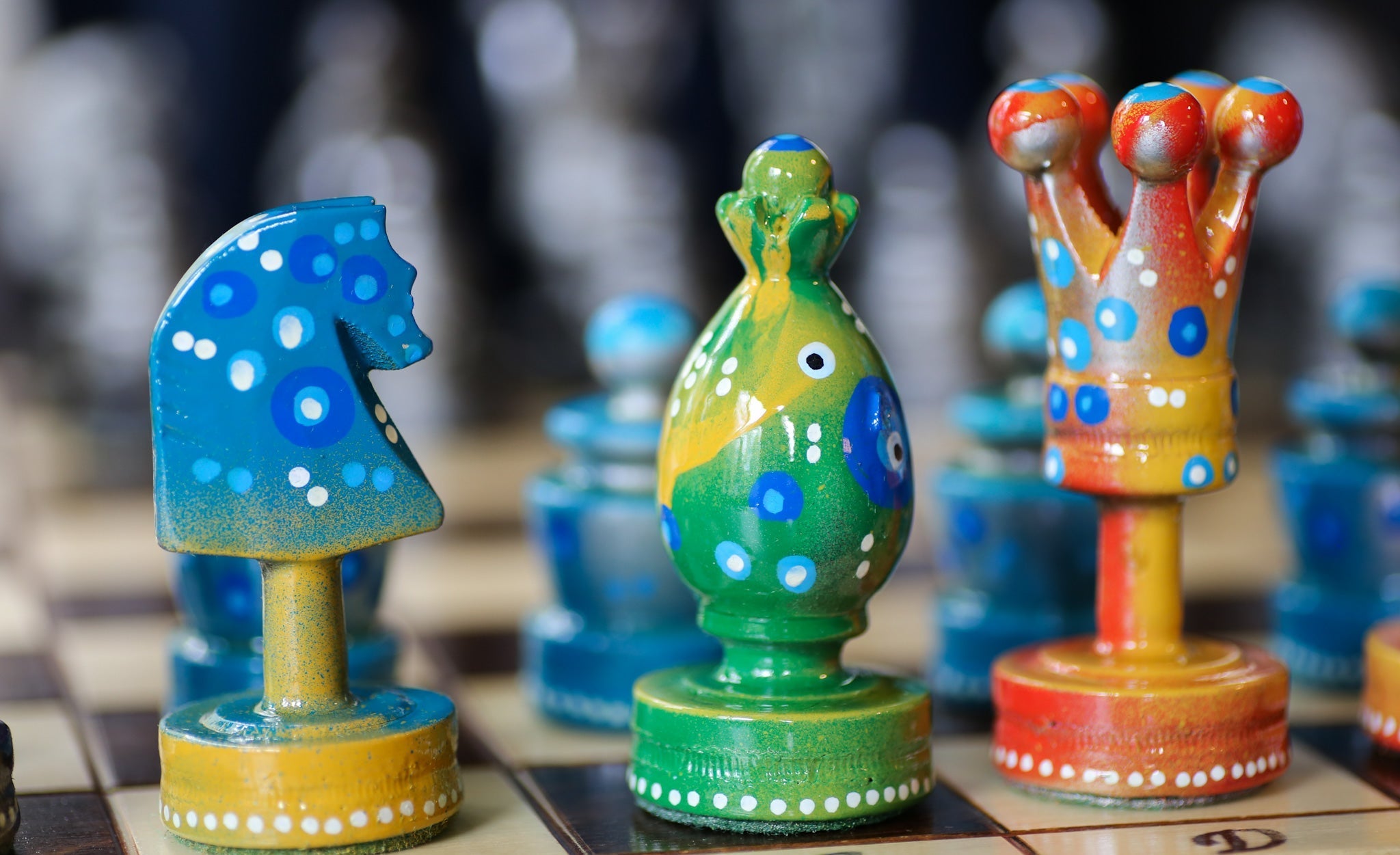 The Decorated Strategist - Sydney Gruber Painted 20" Large King's Inlaid Chess Set #8 - Chess Set - Chess-House