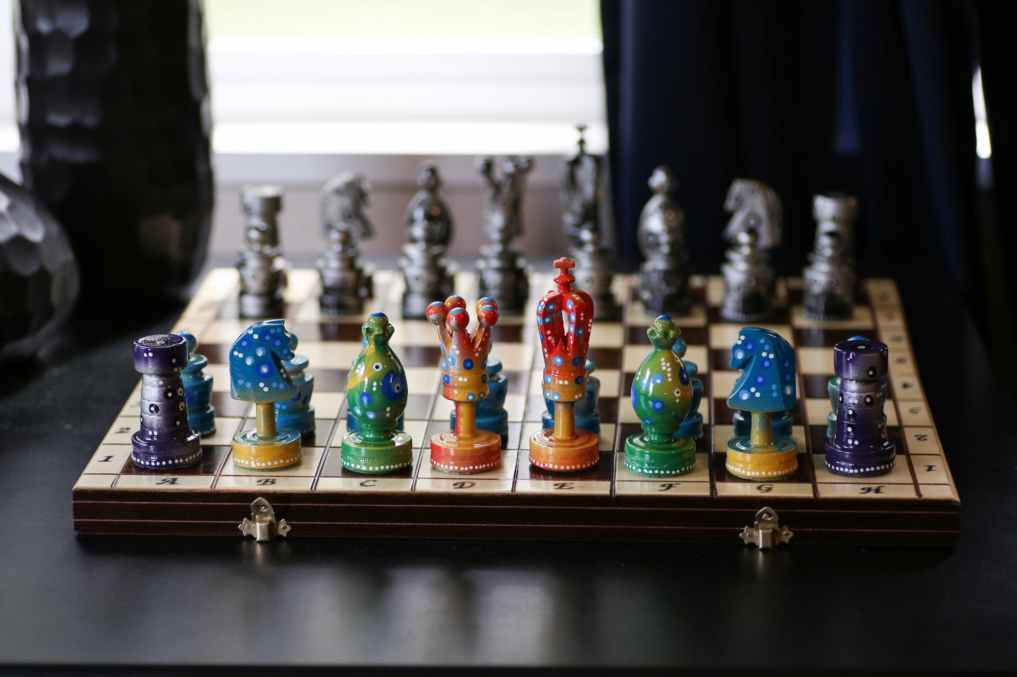 The Decorated Strategist - Sydney Gruber Painted 20" Large King's Inlaid Chess Set #8 - Chess Set - Chess-House