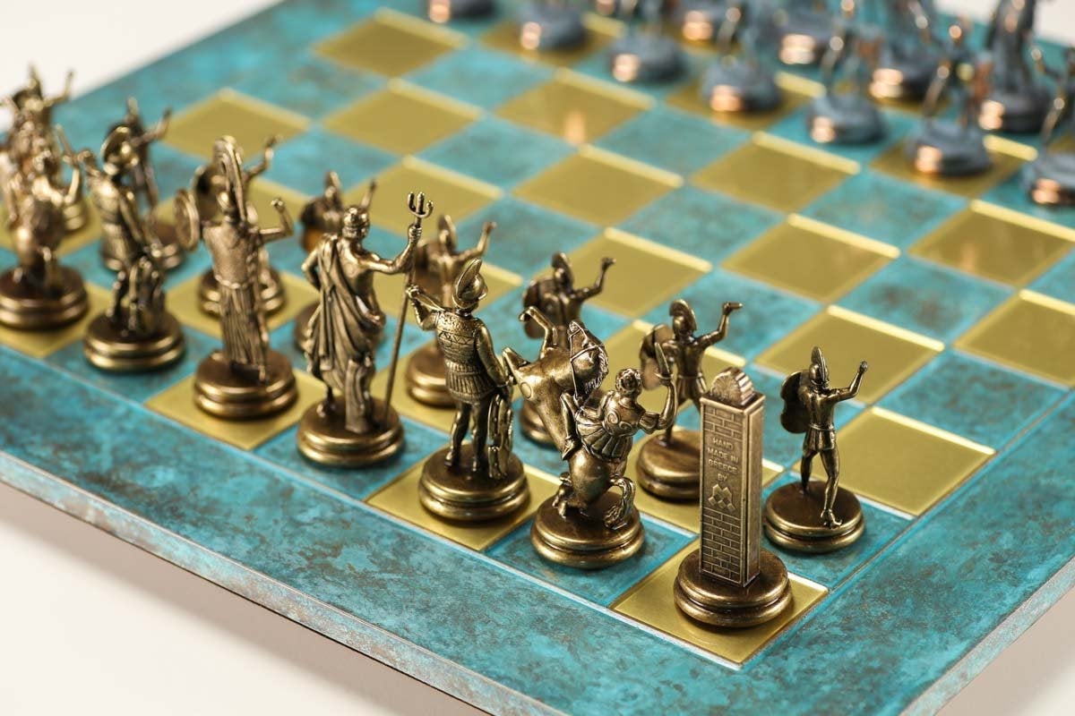 Gold and Antiqued Bronze Greek Mythology Chess Set - 21 1/4" Questions & Answers