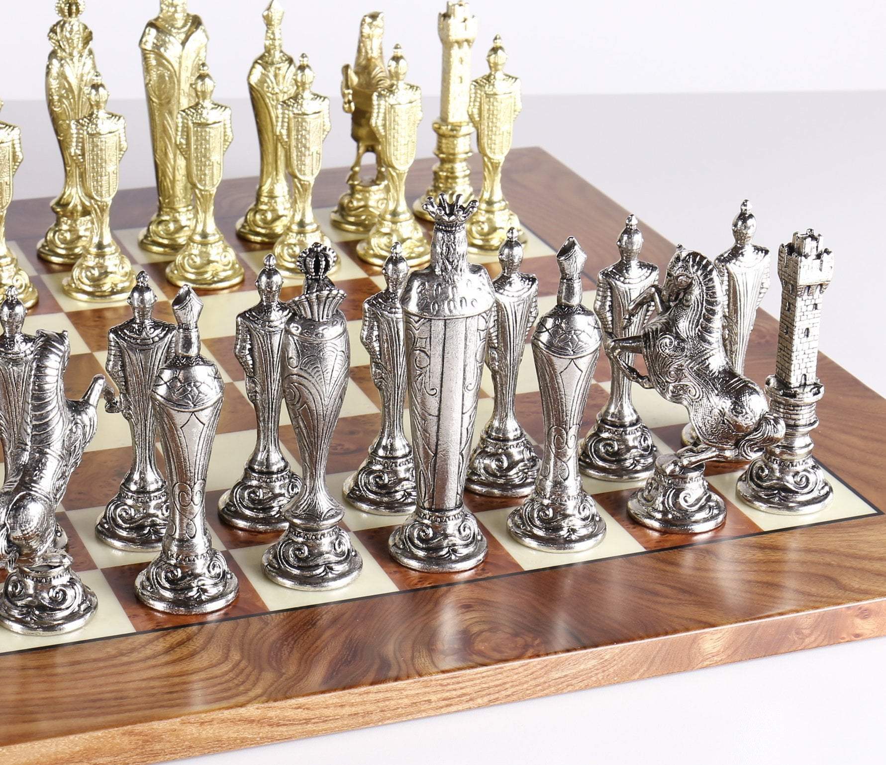 Large Metal Renaissance Chess Set On Elm Briarwood Board Questions & Answers
