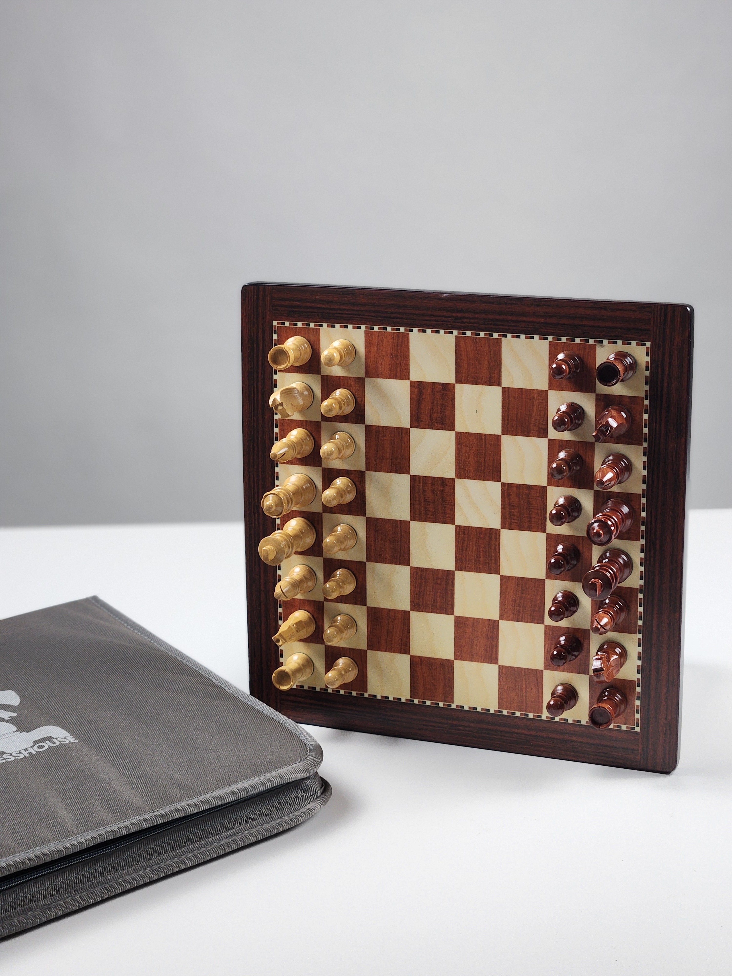 12" Magnetic Travel Chess Set in Rosewood with Grey Case and Tan Interior - Chess Set - Chess-House