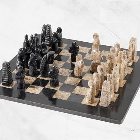 16" Marble Chess Set Egyptian Design in Coral & Black - Chess Set - Chess-House