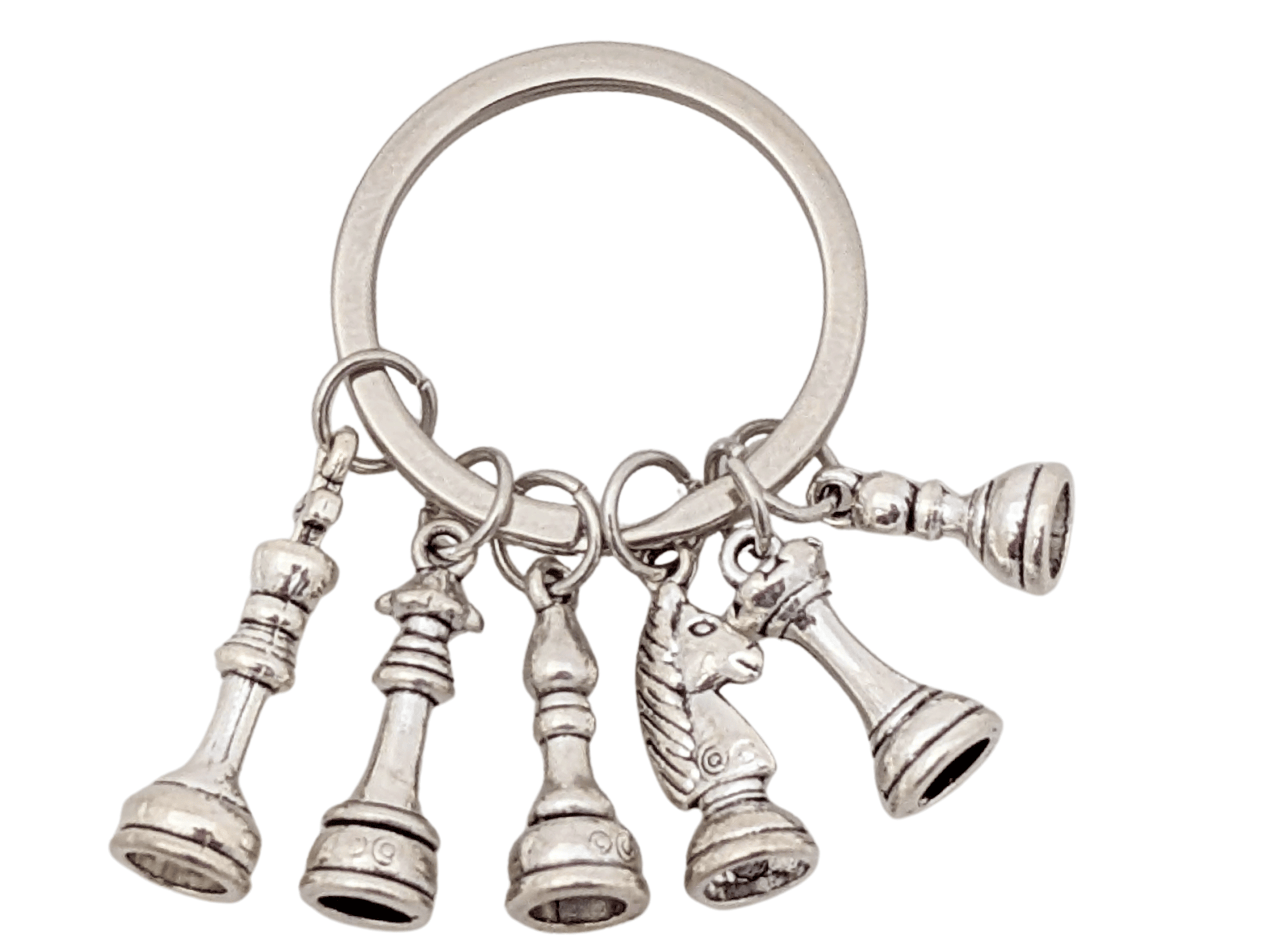 Key chain with six mini metal chess pieces — king, queen, rook, bishop, knight, and pawn
