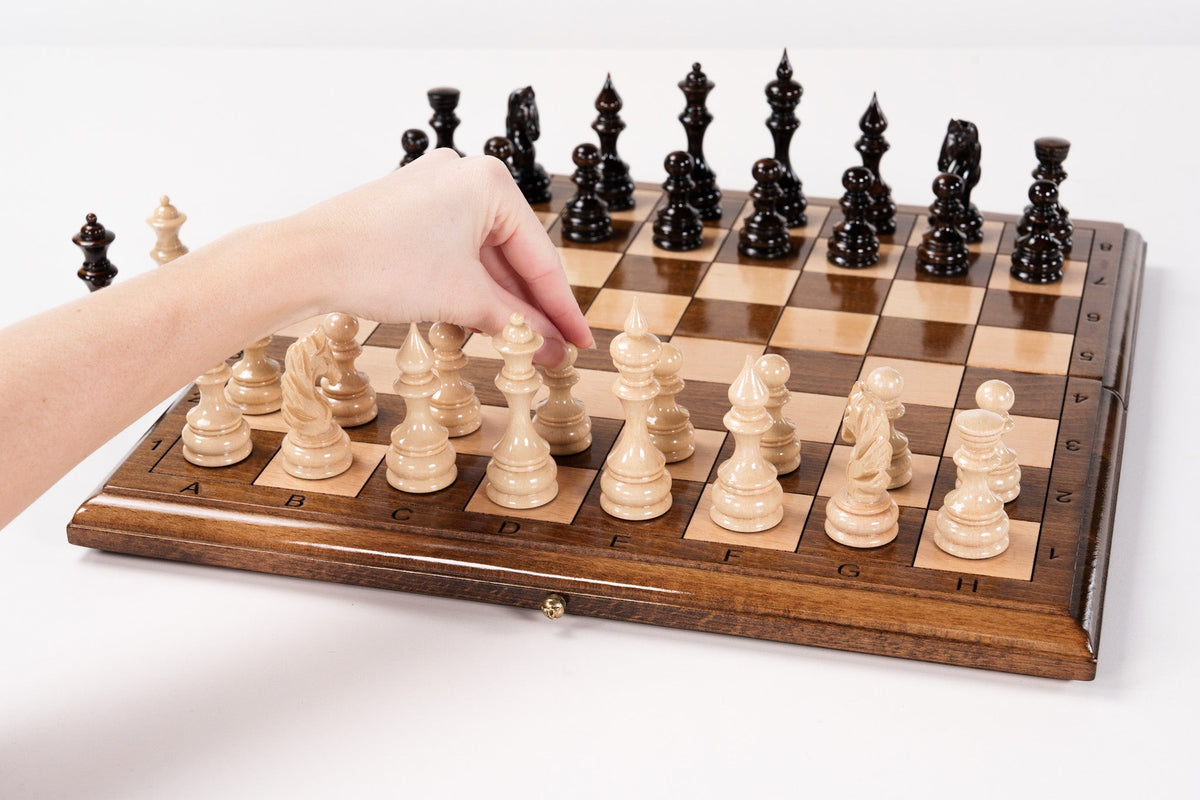 Classic Chess Set with Backgammon by Artist Ohanyan, folding beechwood and walnut case with ornate carved detail