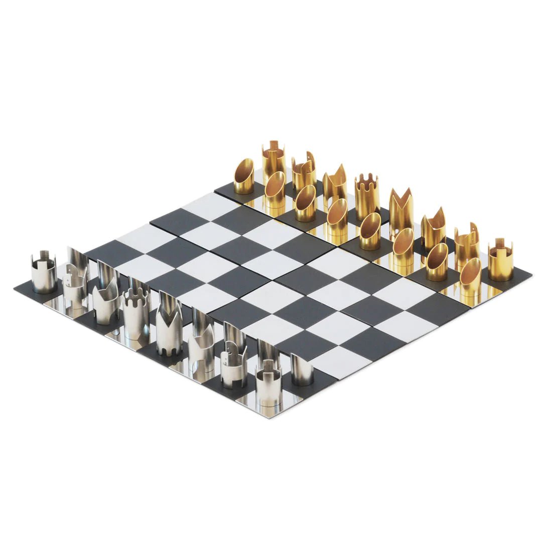 Cy Endfield 24 karat gold and silver plated travel chess set with folding stainless steel board