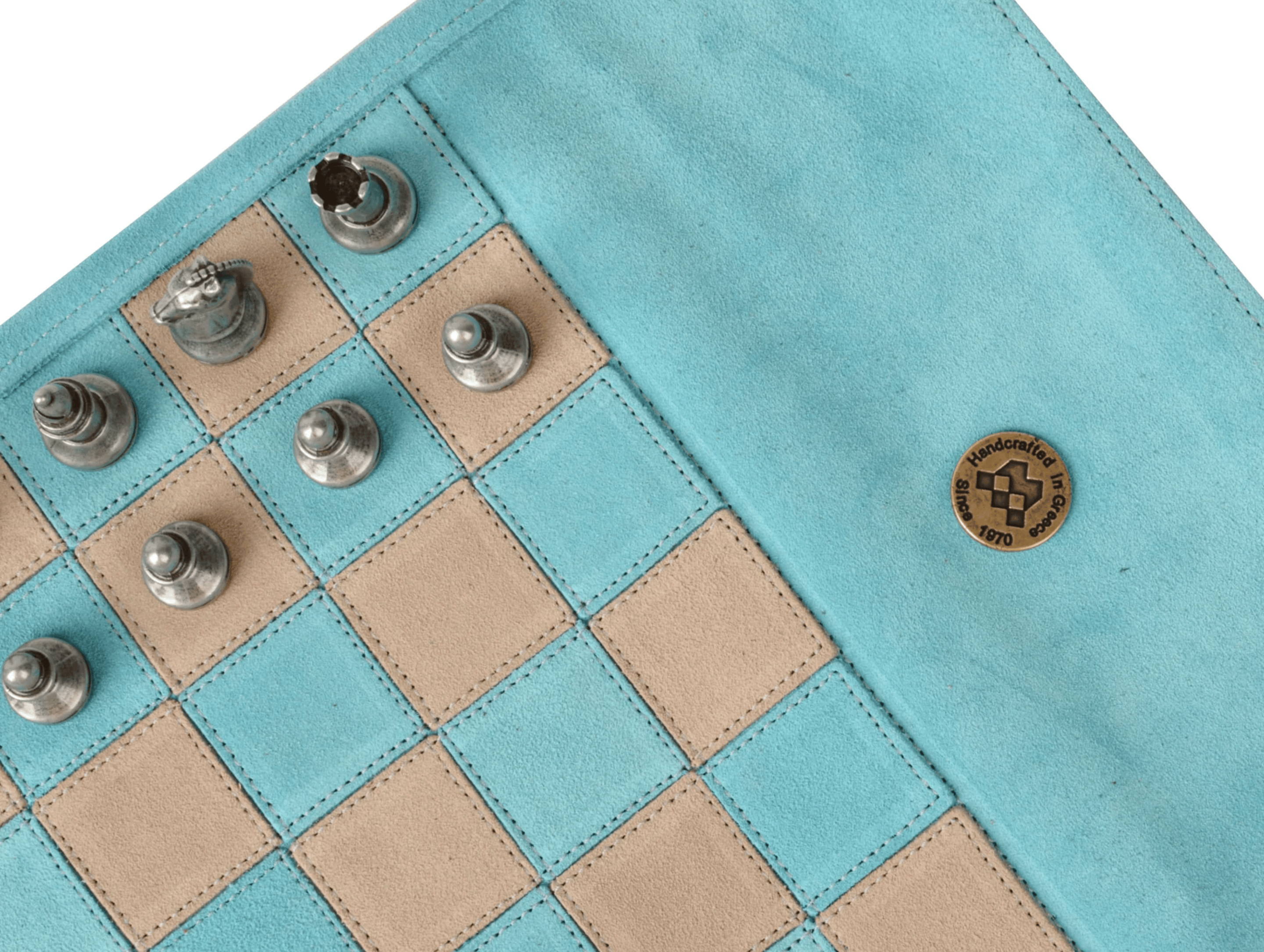 Handcrafted Suede Leather Roll-Up Chess Set with Metal Chessmen - 18″ x 12″ (Made in Greece) - Chess Set - Chess-House
